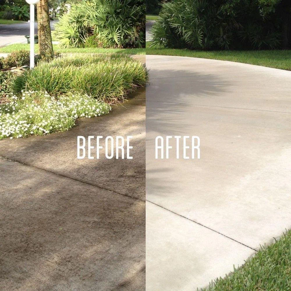 Pressure washing company in Jacksonville, Florida cleaning a residential driveway before and after service