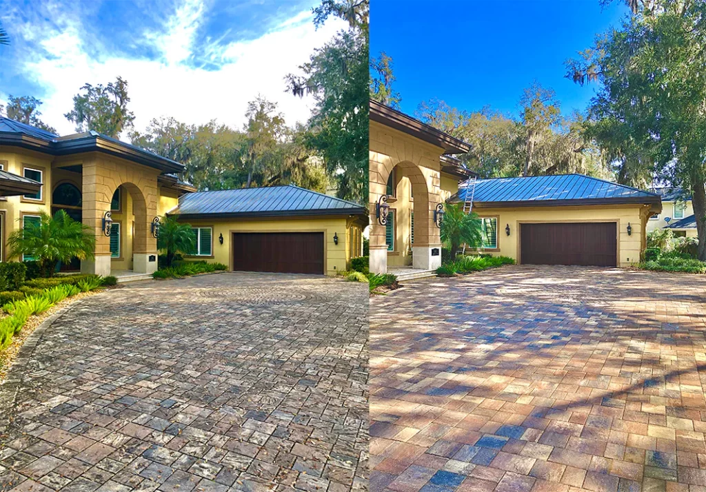 Pressure washing company in Jacksonville, Florida cleaning a paver driveway before and after service